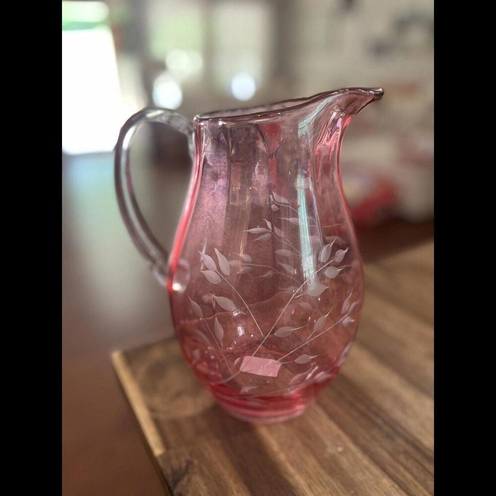 Gorham Crystal Roseβ Serenade Pitcher Cranberry Etched Floral Butterfly See Pics